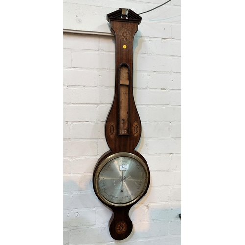 94 - A 1th century mercury column barometer with thermometer in mahogany banjo shaped case with Sheraton ... 