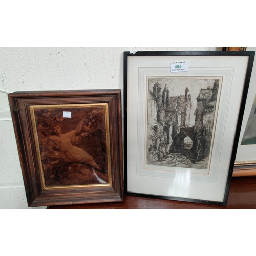 455 - A 19th century crystoleum:  woman in a bower; a signed etching:  