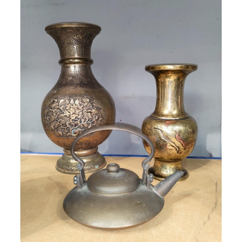 121 - 2 Japanese mixed metal vases, height 34cm and 24cm, and a bronzed tetsubin teapot