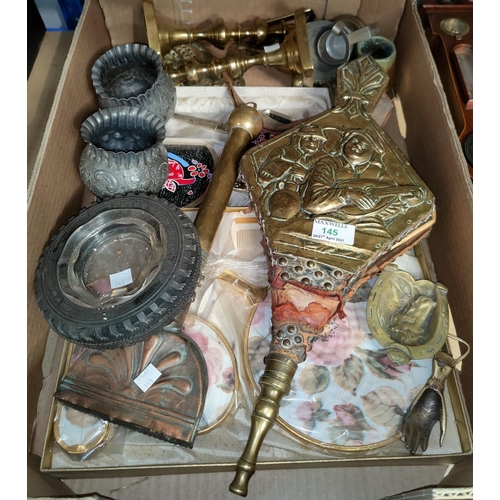 145 - A pair of brass bellows; other brassware; dressing table sets and ornaments.