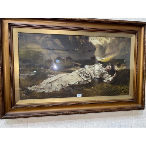 467 - 19th Century:  recumbent Victorian lady in a river landscape, oil on canvas, unsigned, 48 x 88 cm, f... 