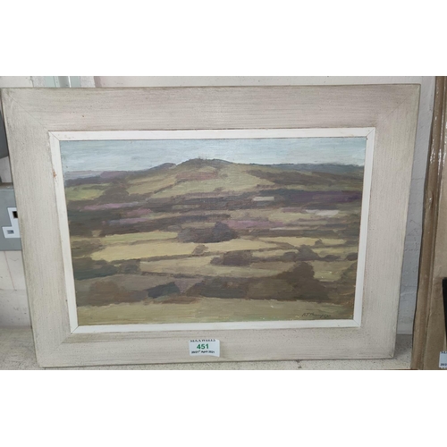 451 - Alan J Thompson, 'Pennine Landscape' oil on board, signed, 21.5 x 27 cm, framed.