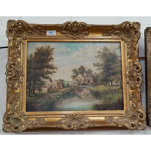 452 - 19th century:  Houses by a river, oil on canvas, unsigned, 28 x 39 cm, gilt framed