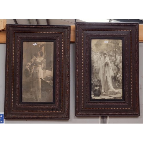 462 - An Edwardian pair of monochrome prints:  courting couple, and a bride, framed and glazed