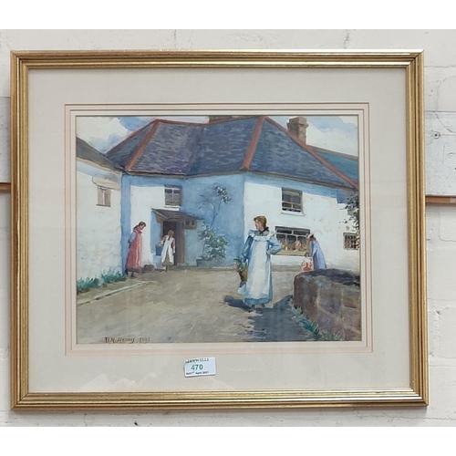 470 - B N Henry:  Girl outside a cottage, watercolour, signed, 28 x 35 cm, framed and glazed