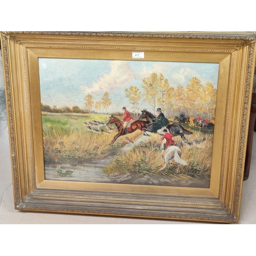 477 - Late 19th/early 20th Century:  The Hunt jumping a stream, oil on canvas, unsigned, 45 x 60 cm, frame... 