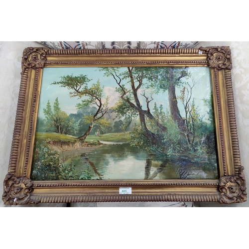 485 - W Esmond: oil on canvas of a river scene with family walking in the back ground, in ornate gilt fram... 