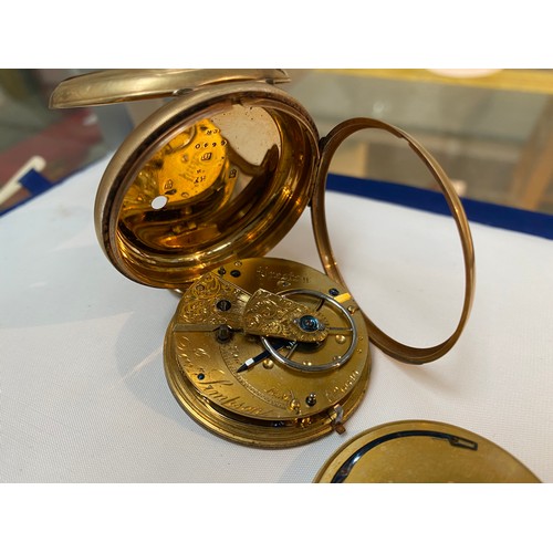 442 - A Victorian 18ct gold pocket watch, key wound, open face, Jon Simpson of Preston Chester 1875, gross... 