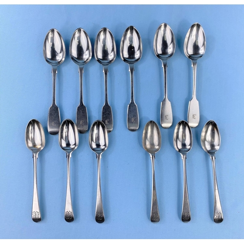 511 - A set of 6 monogrammed fiddle pattern teaspoons, London 1844; a set  of 6 Georgian Old English patte... 