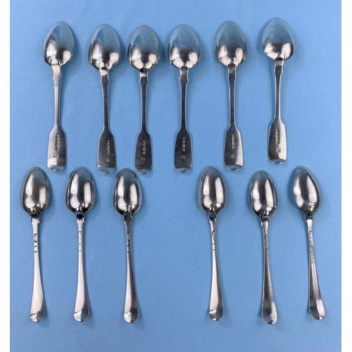 511 - A set of 6 monogrammed fiddle pattern teaspoons, London 1844; a set  of 6 Georgian Old English patte... 