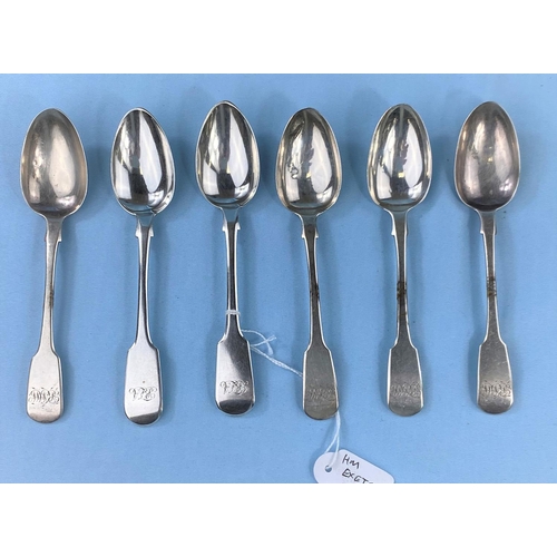 518 - A pair of monogrammed fiddle pattern silver teaspoons, Exeter 1830; a set of 4 monogrammed fiddle pa... 