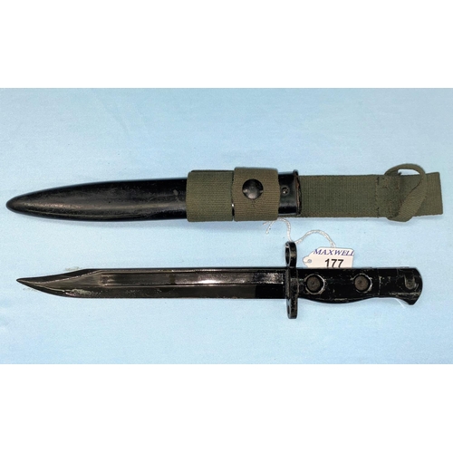 177 - A British WD L1A3 pattern bayonet, unmarked parkerised bowie blade with scabbard and belt frog (blad... 