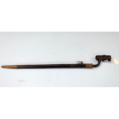 181 - A BRITISH 19th century socket bayonet and brass mounted leather scabbard, probably for an Enfield mu... 