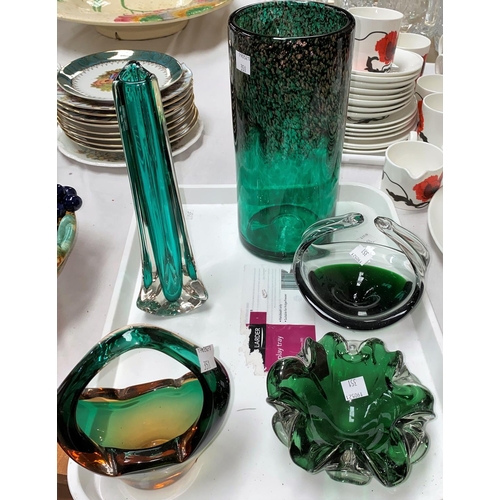 351 - A Strathern green cylindrical vase; other coloured glassware