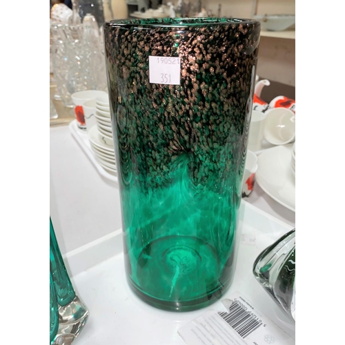 351 - A Strathern green cylindrical vase; other coloured glassware