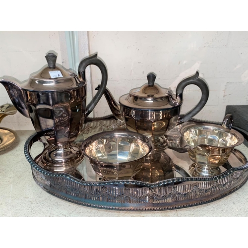 490a - A silver plated 4 piece tea set and gallery tray