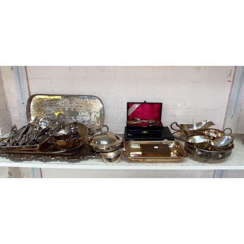 496 - An ornate silver plated tray and other silver plate and cutlery