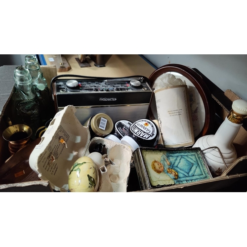 28A - A Roberts radio, a hand painted egg, a vintage tin in the form of babies carriage etc