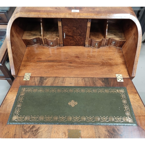 603 - A period style burr walnut 'bureau de dame' with frieze drawer, on cabriole legs, 69 x 48 x 102cm hi... 