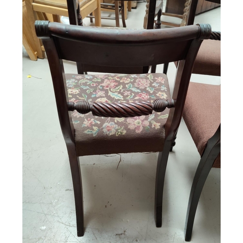 618 - A Regency set of 6 (4 + 2) mahogany dining chairs with rope backs, wide                             ... 