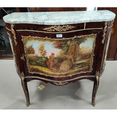 637 - A reproduction mahogany side cabinet in the Louis XV style, with serpentine front, marble top and gi... 