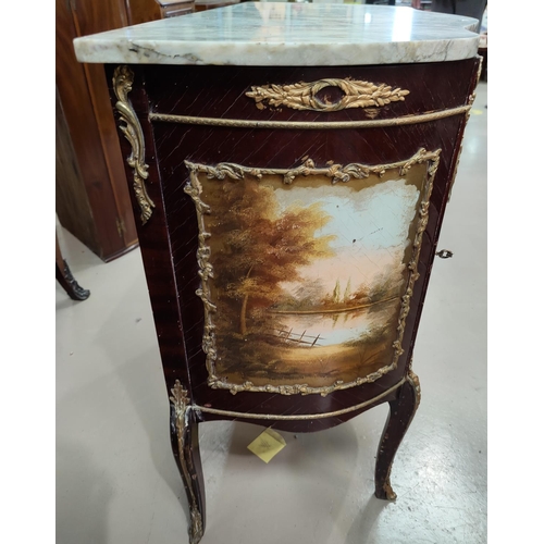 637 - A reproduction mahogany side cabinet in the Louis XV style, with serpentine front, marble top and gi... 