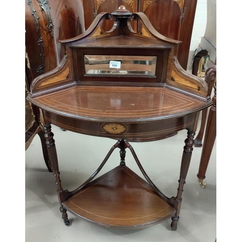 659 - An Edwardian inlaid mahogany corner fitting occasional table with 2 tiers, 61cm wide, 44cm into corn... 