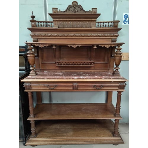 682 - A Victorian mahogany 3 tier dumb waiter with marble shelf, 2 drawers and 2 shelves below with back h... 