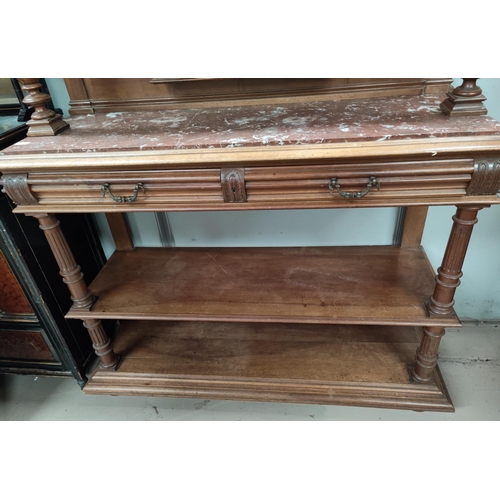 682 - A Victorian mahogany 3 tier dumb waiter with marble shelf, 2 drawers and 2 shelves below with back h... 
