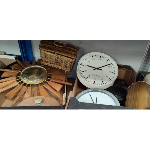 7 - Vintage Post Office wall clock, 2 other clocks, copper flask