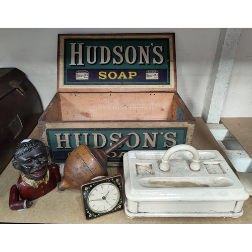 71 - A Hudson's soap box; another box with hinged lid; a figural money box (a.f.); etc.