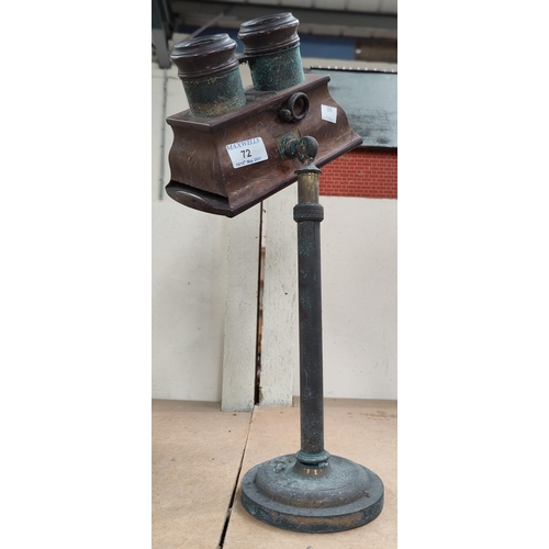 72 - A Victorian walnut stereo viewer on brass stand (badly corroded)