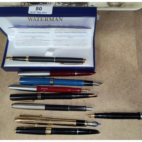 80 - A cased Waterman modern fountain pen and various other  vintage fountain pens