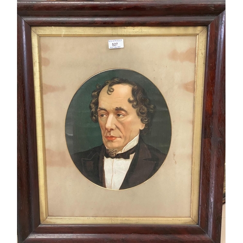 527 - A Victorian rosewood veneered cushion frame containing a chromolithograph portrait of Benjamin Disra... 