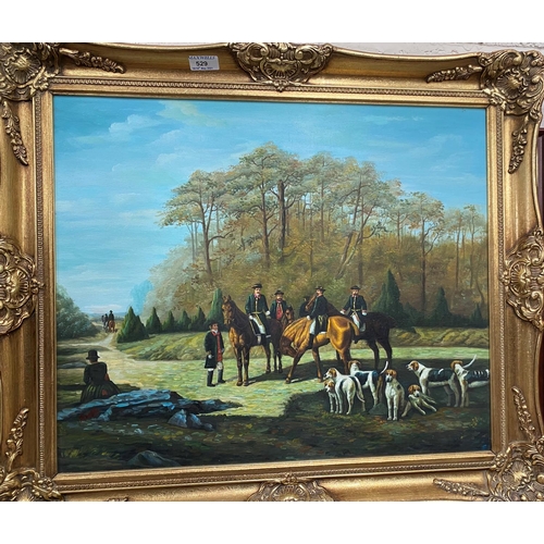 529 - 20th Century:  18th century hunting scene, oil on canvas, unsigned, 50 x 60 cm, framed