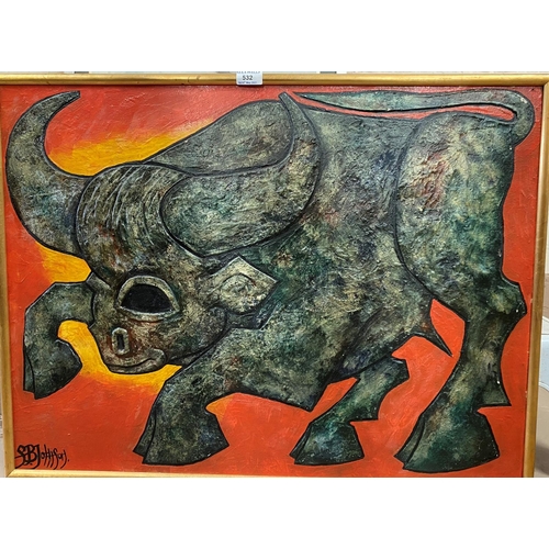 532 - S B Johnson, Glasgow School:  a modern oil depicting a bull in the manner of Picasso, signed, 60 x 8... 