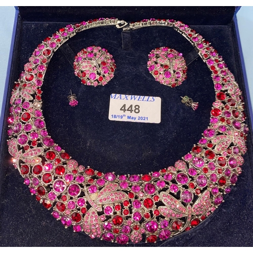 448 - A Swarovski Heidi Daus collarette necklace set with pink and red stones, dragonfly motif with matchi... 