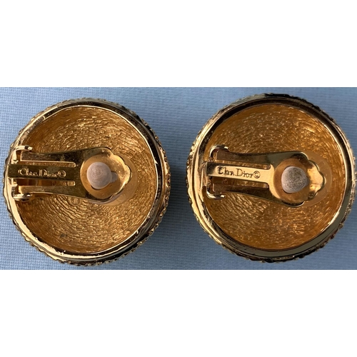 460 - A pair of Christian Dior gilt lapis lazuli coloured stone circular clip-on earrings with gilt raised... 