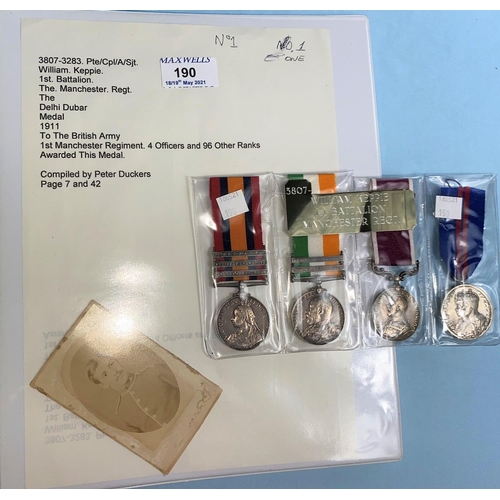 190 - 3807 WILLIAM KEPPIE 1st Battalion, Manchester Regiment, Group of 4; QSA, 3 clasps Tugela Heights, Re...