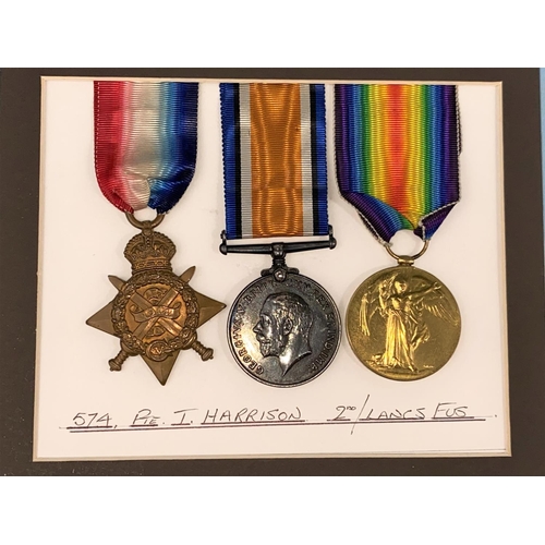 192 - 574 Pte T. Harrison 2nd/Lancashire Fusiliers WWI 1914 star trio