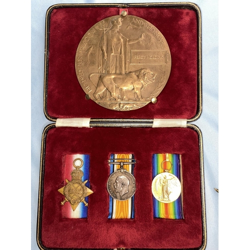 202 - 282687 Pte. Percy HOLDING Lancashire Fusiliers WWI 1914-15 star trio and bronze memorial plaque, mou... 