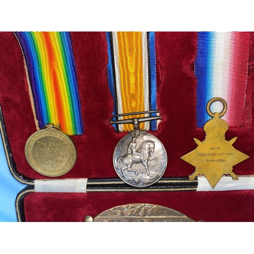 202 - 282687 Pte. Percy HOLDING Lancashire Fusiliers WWI 1914-15 star trio and bronze memorial plaque, mou... 