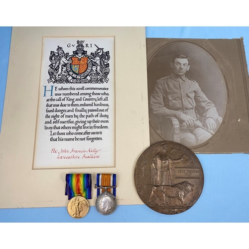 204 - 4648 Pte. John Francis KELLY Lancashire Fusiliers WWI pair and bronze memorial plaque with scroll, d... 