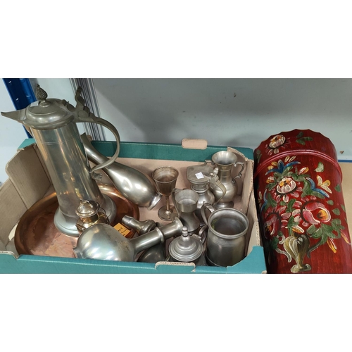 119 - A brass ship's lamp; a painted stick stand and stick and a selection of pewter