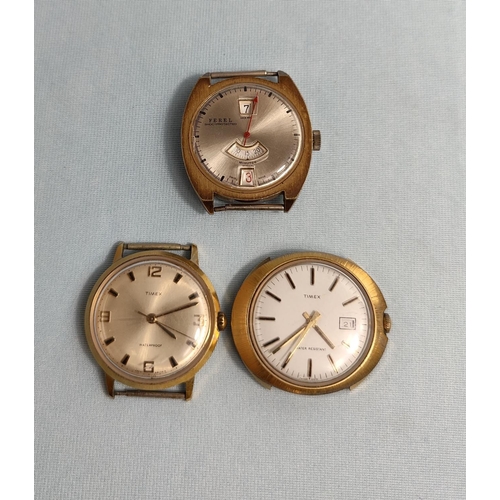 411 - Two vintage Timex gents' gilt cased pocket watches and an unusual Ferel Swiss watch