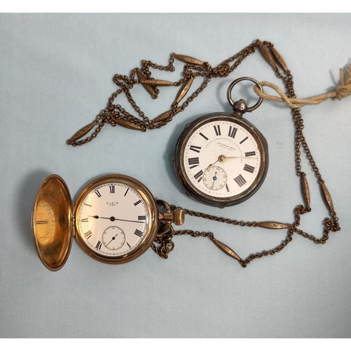 414 - A hallmarked silver cased pocket watch Fattorini & Sons and a gilt cased Elgin pocket watch on gilt ... 