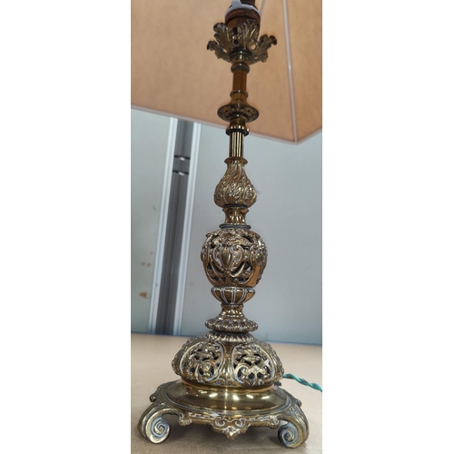 120 - A brass pierced decoration table lamp, a James Yates pewter pint measure and a graduating similar pe... 