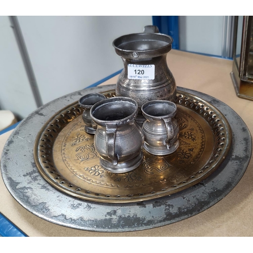 120 - A brass pierced decoration table lamp, a James Yates pewter pint measure and a graduating similar pe... 