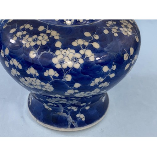 390A - A 19th Century blue and white lidded squat baluster vase decorated with prunus blossom, with double ... 