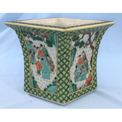 390B - A Chinese Famille Vert flattened squared vase with four panels of decoration with people playing or ... 